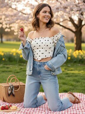 LUMIERE Polka Dot Corset Crop Top Cream Brown Puff Sleeve Square Neck Blouse